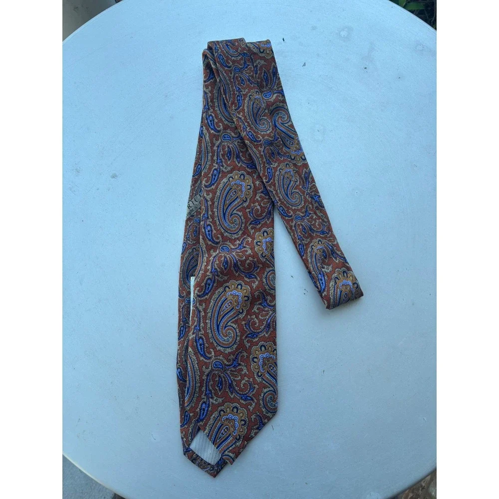 JZ Richards Mens Silk Paisley Necktie Burnt Orange Blue Hand Made‎ in USA